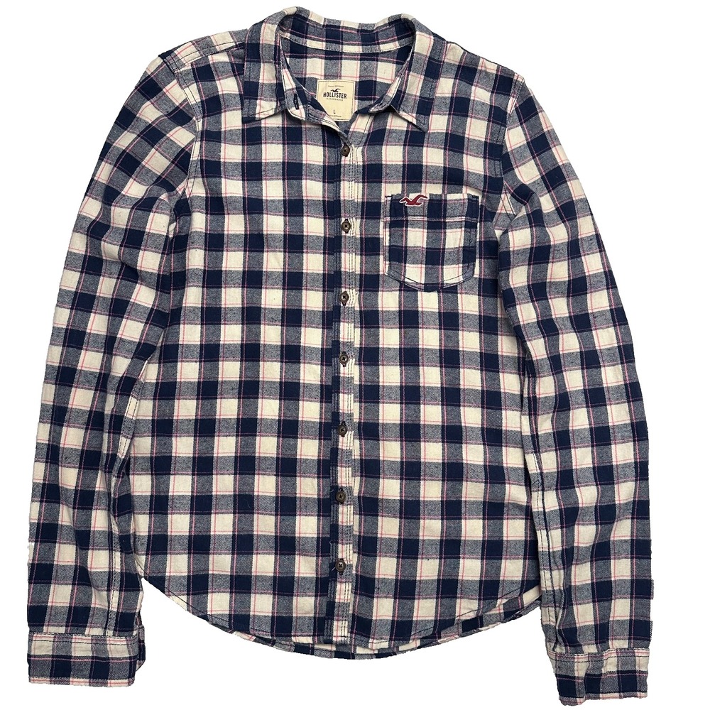 Hollister Flannel Shirt Women's Large Navy Pink Plaid Button Up Long Sleeve Cozy